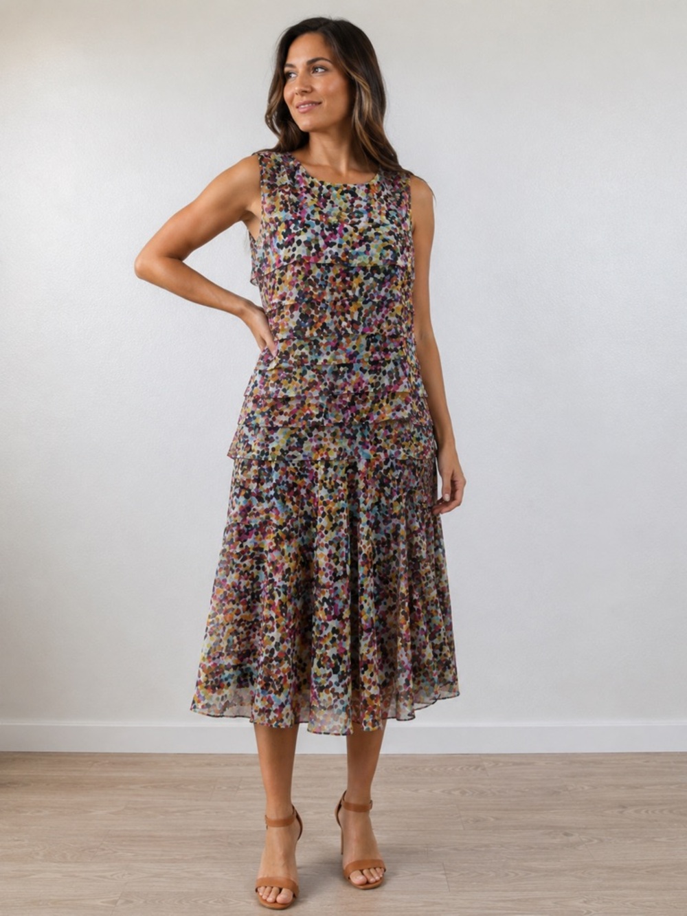 ILE New York Dress Womens 12 Multicolor Confetti Print Tiered Mesh Sleeveless Pl